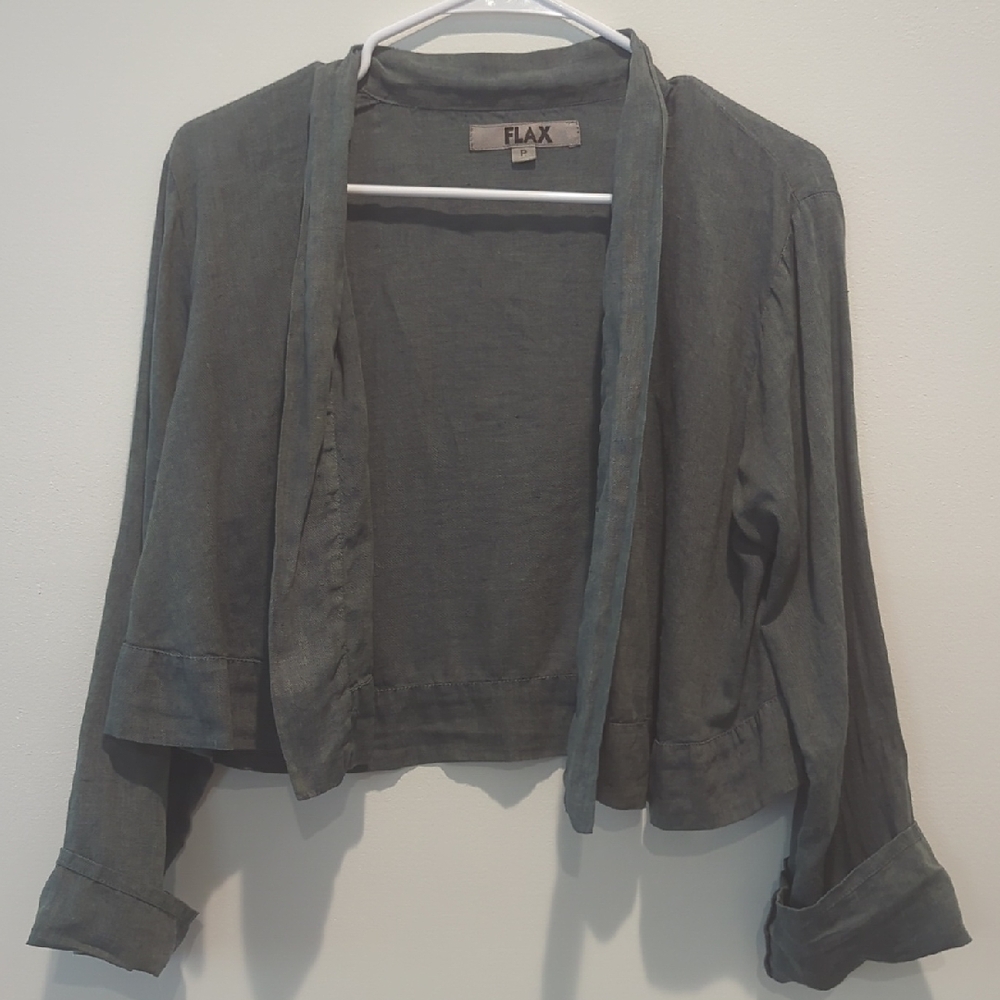 Flax smokey/dull Green/Viridian Open Front Cropped Linen Cardigan
